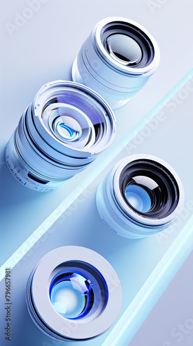 A photorealistic, threedimensional illustration of the cameras lens and its four elements in white with blue lighting