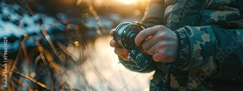 the fisherman holds a spinning rod in his hands photo