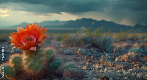 A stark, dark desert scene with a vibrant, colorful cactus flower as the focal point photo