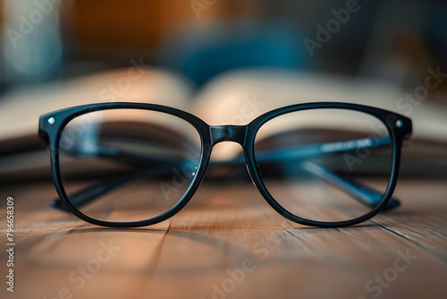 Sophisticated Matte Black RX Eyewear Resting on a Wooden Surface with Open Book in Background