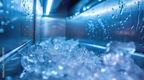 Close up of ice cubes in ice machine with water droplets on the floor, a refreshing and cool image
