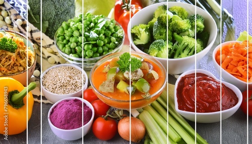 photo collage of healthy and bright vegan diet fruit and vegetables  photo