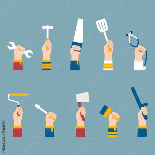 Vector icon set for Labor Day or Labour Day. with industrial elements and raised hands.