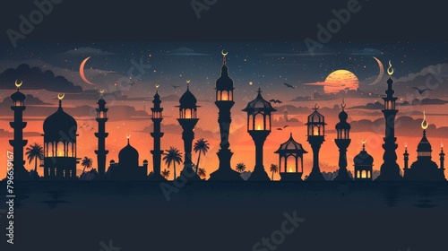 Traditional lantern silhouettes in arabic style, ideal for cultural and festive themes. Illustration design for cartoons.