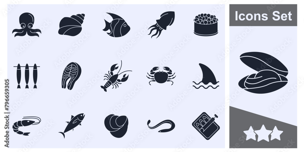Fish and seafood icon set symbol collection, logo isolated vector ...