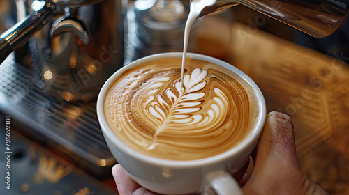 An artisan barista crafting a perfect latte, with the swirl of milk creating a delicate art on top.