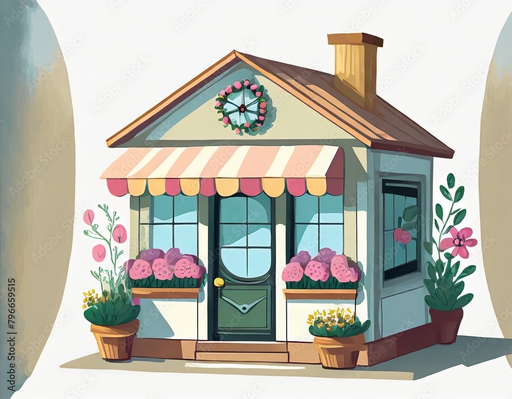 Obraz premium illustration of a small cute flower shop building on a white background