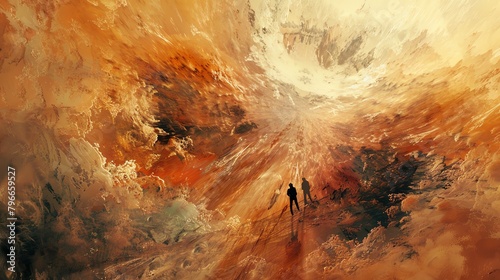 A painting of two people standing on a cliff, looking out at a vast, stormy sea