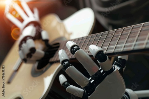  close up hand robot playing guitar acoustic