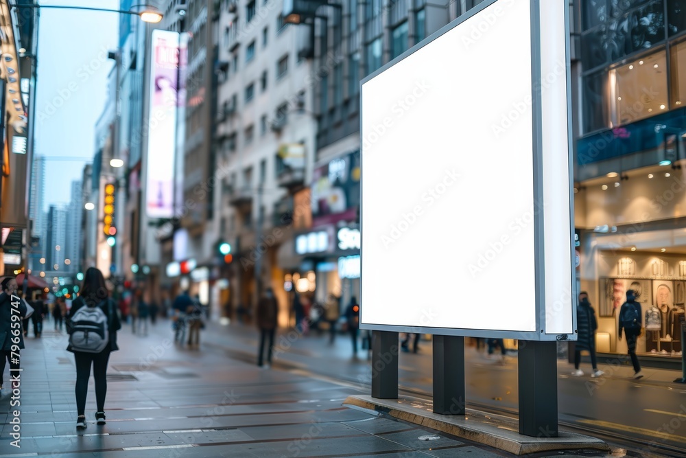Blank advertising billboard on a busy city street at dusk with shoppers and storefronts in the background Blank advertising billboard on a busy city street at dusk with shoppers and storefronts in the background