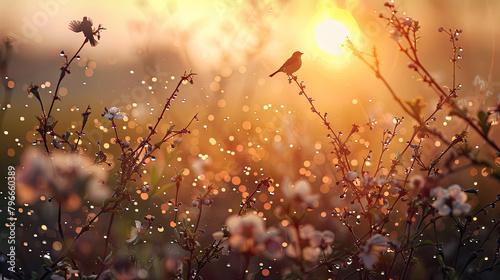 An idyllic scene of a dew-covered meadow at dawn, with songbirds perched and singing atop blossoming branches, welcoming the new day with their melodious chorus. © NooPaew