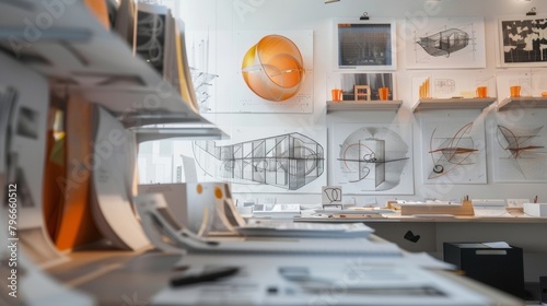 shot of an Architects Office featuring a sleek and modern workspace with abstract architectural sketches and designs adorning the walls providing a glimpse into the mind of the architect .