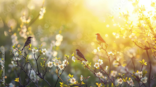An idyllic scene of a dew-covered meadow at dawn, with songbirds perched and singing atop blossoming branches, welcoming the new day with their melodious chorus. photo