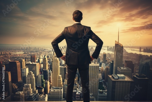 A businessman in a sharp suit stands on a rooftop, overlooking the sprawling cityscape at sunrise. The urban skyline showcases a scene of ambition and opportunity as he contemplates the day ahead.