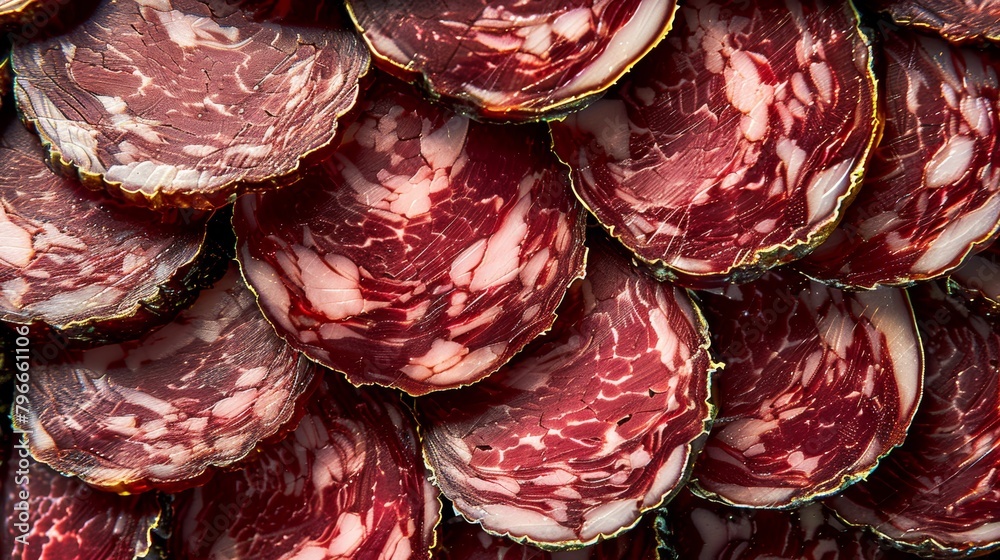 slices of cured saucisson, arranged neatly with their rich marbling and savory aroma on display. slices of cured saucisson, arranged neatly with their rich marbling and savory aroma on display.