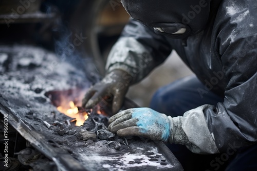 Industrial Worker Demonstrating Skill and Precision Using Blowtorch to Cut Metal Pipe in Intense Work Environment, Showcasing Expertise in Heavy-Duty Metalwork Tasks.
