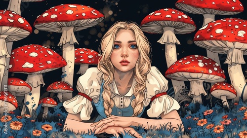 girl with mushrooms in wonderland