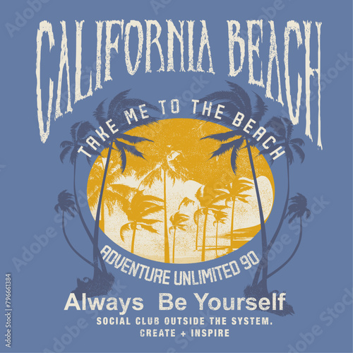 California Beach with palm tree Forest, summer typography slogan text print artwork, vintage outdoors t-shirt print design, sunshine beach inside the palm tree
