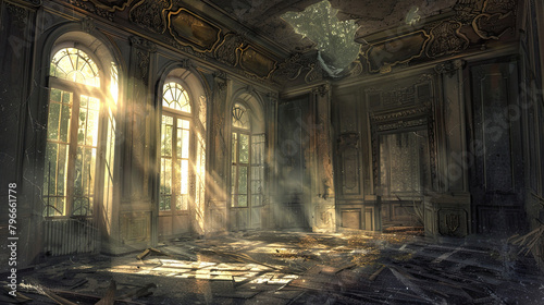 An illustration of an abandoned mansion  with the remnants of grandeur and whispered tales of yesteryear  as sunlight filters through broken windows  casting patterns on the dust-covered floor.