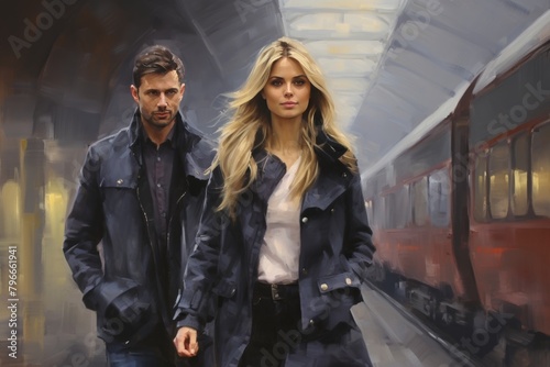 Elegant couple in stylish black overcoats walking gracefully along the picturesque platform of a historic train station, with a beautifully restored vintage locomotive in the background photo