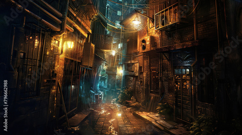 An image capturing the mysterious ambiance of a dimly lit alleyway in a bustling city at night, with shadows and light playing off the walls, hinting at untold stories and hidden secrets.