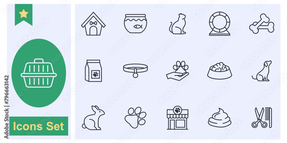 Pet, vet, pet shop, types of pets icon set symbol collection, logo isolated vector illustration