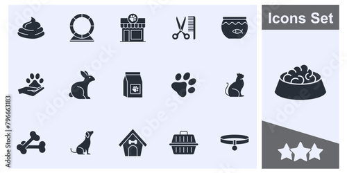 Pet, vet, pet shop, types of pets icon set symbol collection, logo isolated vector illustration