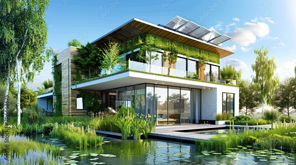 An image depicting a modern, eco-friendly home, equipped with green technologies like rainwater harvesting and solar panels, promoting sustainable living practices.