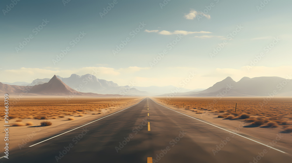 Highway in the desert, mountains on the horizon Highway in the desert, mountains on the horizon