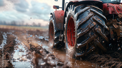 Closeup of a tractors large wheels and treads focused on the details that enable it to navigate rough and muddy farm terrain photo