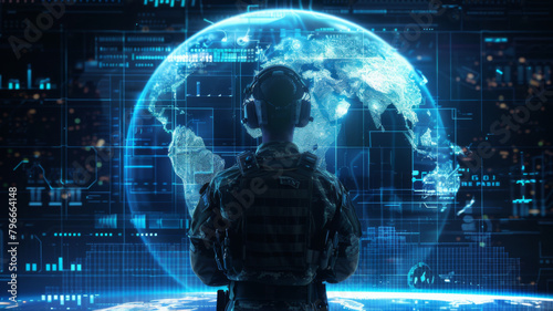 Monitoring and managing security technology in a military surveillance hub headquarters. Concept Military Surveillance