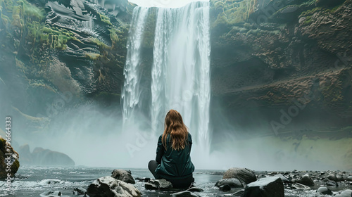 A girl sitting in front of a big foggy waterfall in iceland , Prime Lenses