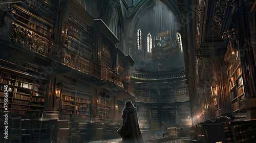 An image set in an ancient, sprawling library with towering bookshelves and dimly lit corridors, where a lone character uncovers a secret manuscript, igniting a quest for knowledge and truth. photo