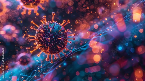 A striking 3D digital art rendering of virus particles aglow with neon lighting, creating a dynamic and vivid representation of microscopic pathogens.