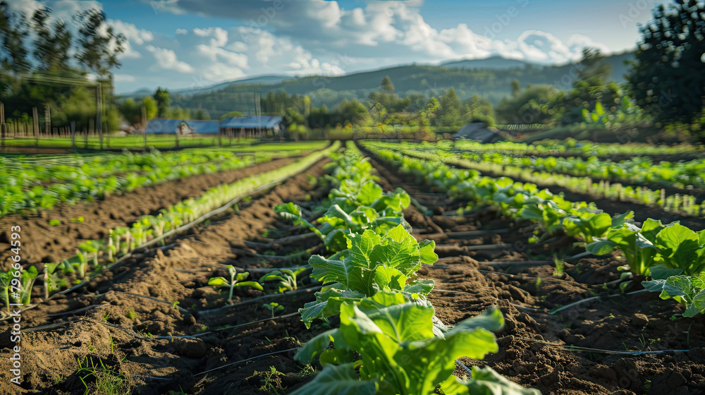 An image showcasing a lush organic farm, where farmers are using sustainable practices to grow healthy, pesticide-free produce, emphasizing the benefits of organic farming for the planet.