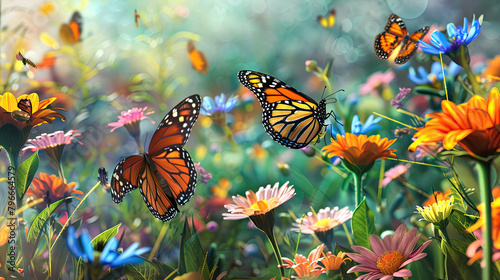 An image showcasing a colorful garden alive with a variety of butterflies flitting among blooming flowers, symbolizing the lively activity and renewal that spring brings.