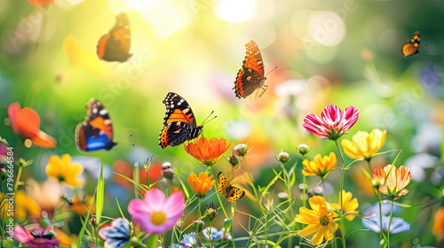 An image showcasing a colorful garden alive with a variety of butterflies flitting among blooming flowers, symbolizing the lively activity and renewal that spring brings. © NooPaew