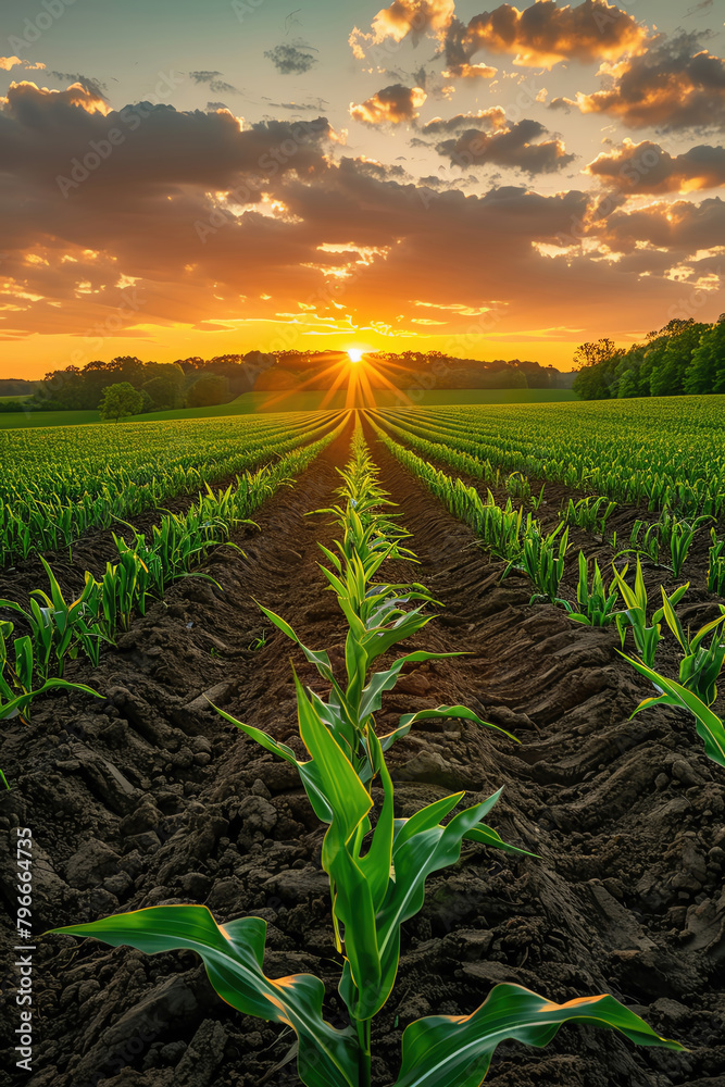 Expansive agricultural field at sunrise with rows of young corn stretching towards the horizon symbolizing new beginnings and growth