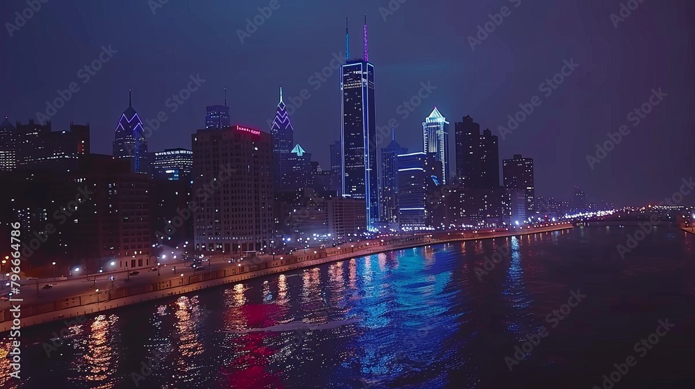 Obraz premium Cityscape at night rooftop perspective with glowing lights reaching far into the horizon