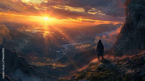 An image showcasing an explorer coming upon an awe-inspiring, undiscovered landscape, with the first rays of dawn illuminating the scene, symbolizing discovery and the awe of encountering the unknown. photo
