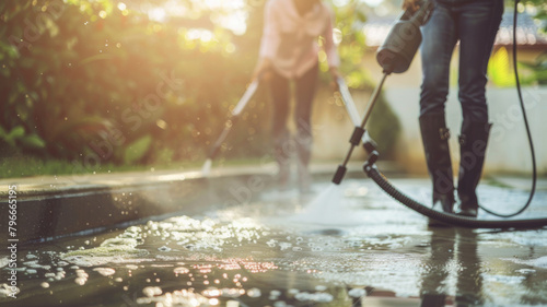 Workers pressure washer deep clean driveway professional cleaning service. Concept Pressure Washing