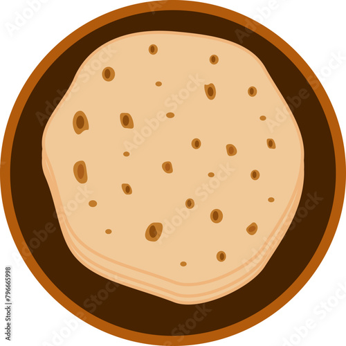 Traditional Indian food a Roti, chapati served on a plate. Vector Illustration. 