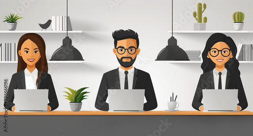 Young professional people are working with laptops, corporate portrait illustration