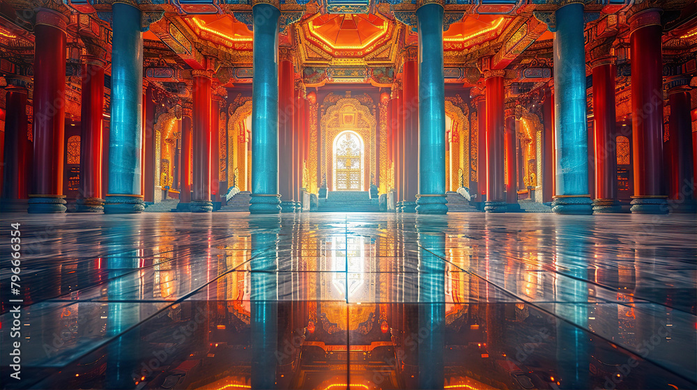 Interior of Asian temple with shiny gloss marble floor and beautiful reflections Interior of Asian temple with shiny gloss marble floor and beautiful reflections