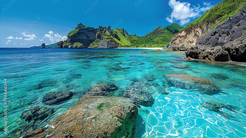 Obraz premium Caribbean white sand beach view with blue water at sunny day 