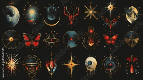 Editable modern illustration collection of abstract various highlights with astrology objects, fantasy animals, mythical creatures, esoteric and bohemian objects. photo