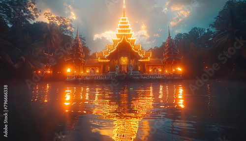 Beautiful asian temple on river, inspired by Bangkok architecture