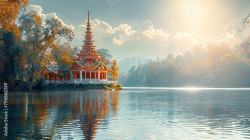 Beautiful asian temple on river, inspired by Bangkok architecture
