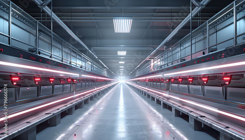 Sci-fi futuristic factory interior with red lights
