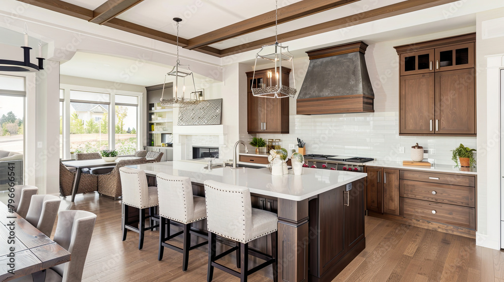 Beautiful kitchen in luxury modern contemporary home interior with island and chairs.
